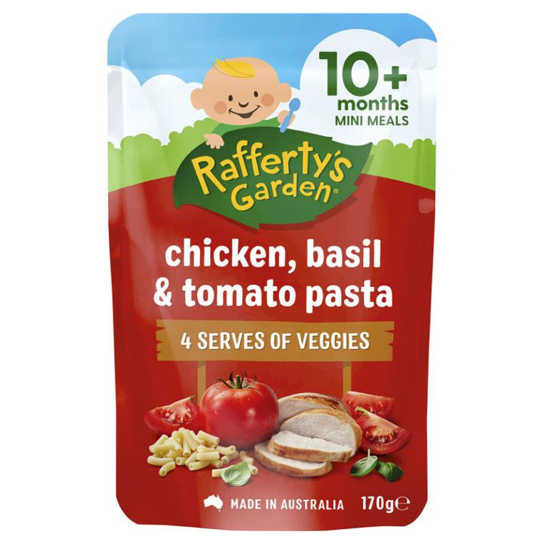 Raffertys Garden 10+ Months Chicken Basil & Tomato Pasta 170g front image on Livehealthy HK imported from Australia