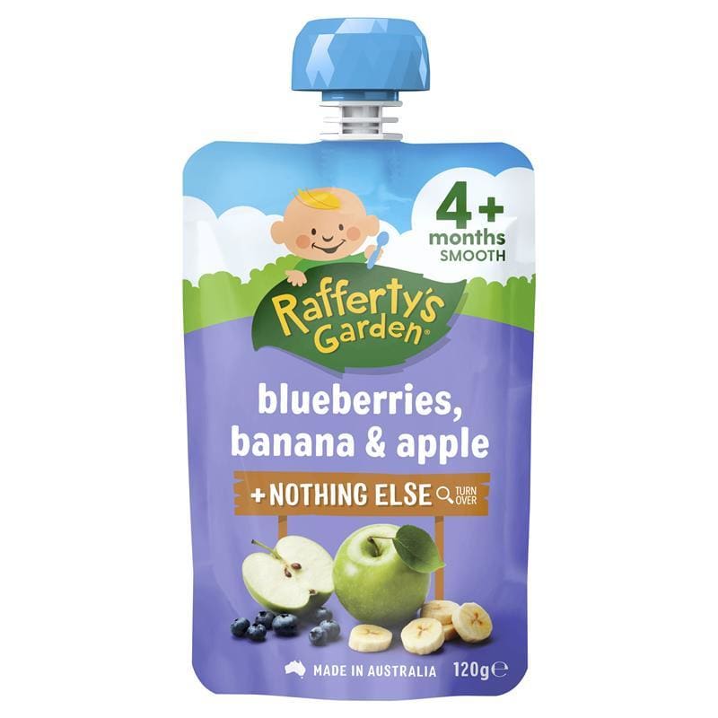 Raffertys Garden 4 Months Blueberry Banana & Apple 120g front image on Livehealthy HK imported from Australia