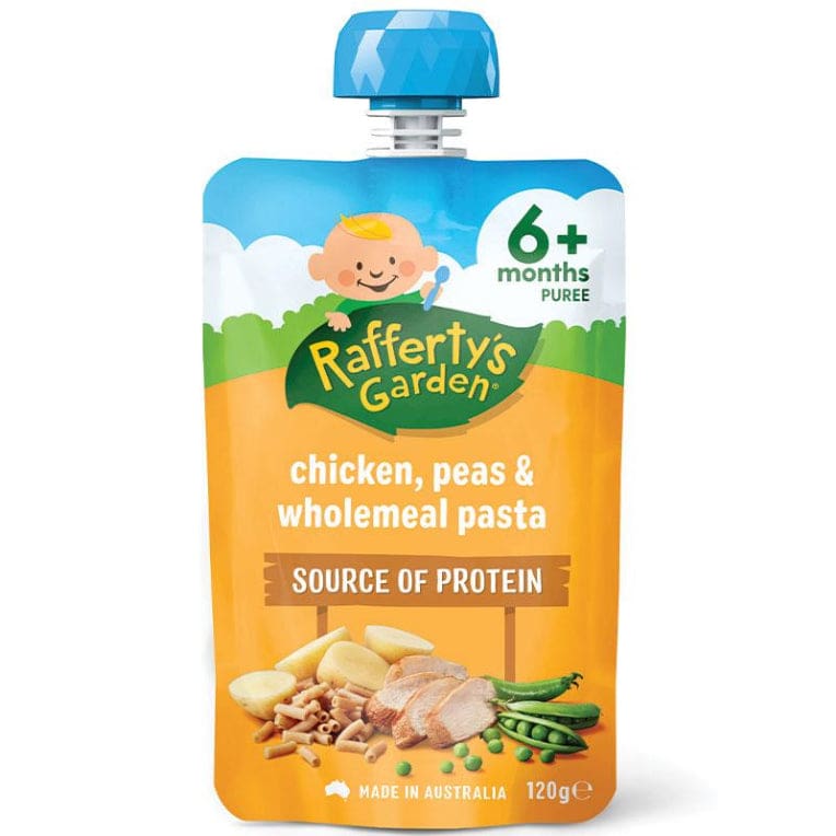 Raffertys Garden 6+ Months Chicken Peas & Wholemeal Pasta 120g front image on Livehealthy HK imported from Australia