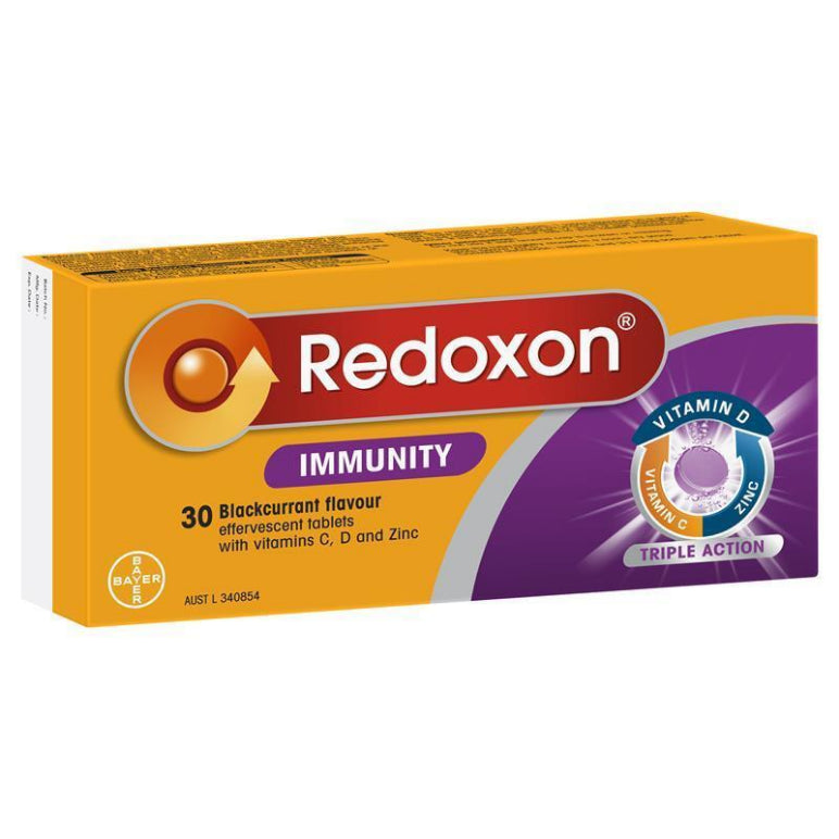 Redoxon Immunity Vitamin C, D and Zinc Blackcurrant Flavoured Effervescent Tablets 30 pack front image on Livehealthy HK imported from Australia