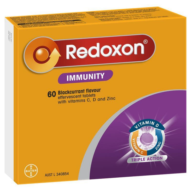 Redoxon Immunity Vitamin C, D and Zinc Blackcurrant Flavoured Effervescent Tablets 60 pack front image on Livehealthy HK imported from Australia