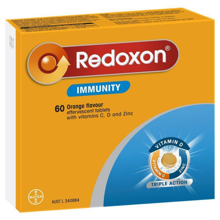Redoxon Immunity Vitamin C, D and Zinc Orange Flavoured Effervescent Tablets 60 pack front image on Livehealthy HK imported from Australia