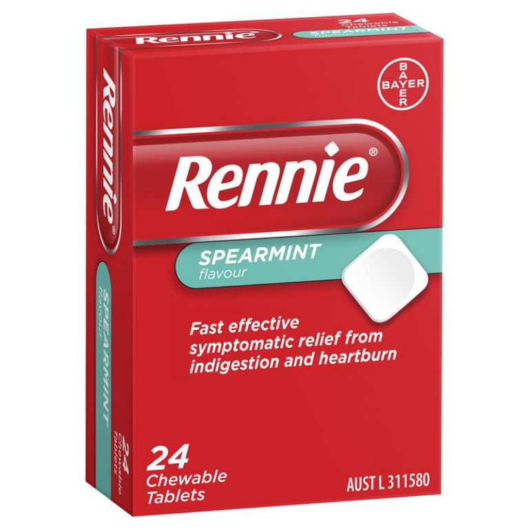 Rennie Indigestion and Heartburn Relief Spearmint 24 Chewable Tablets front image on Livehealthy HK imported from Australia