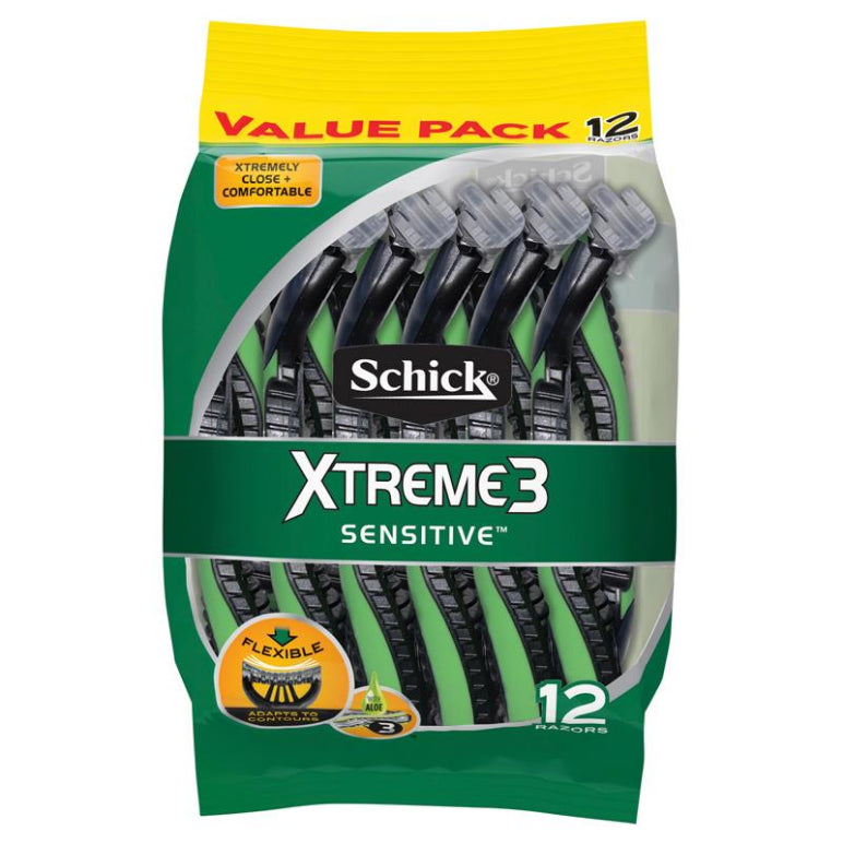 Schick Xtreme 3 Sensitive Mens Disposable Razors 12 Value Pack front image on Livehealthy HK imported from Australia