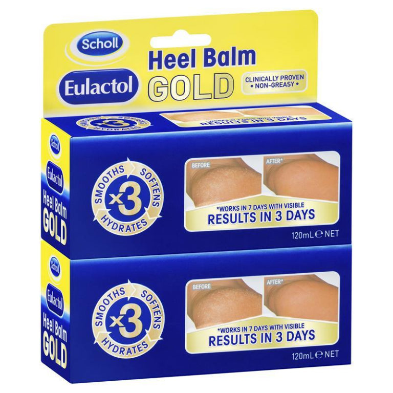 Scholl Eulactol Heel Balm Gold 120ml Twin Exclusive Pack front image on Livehealthy HK imported from Australia