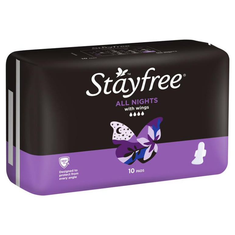 Stayfree All Night Sanitary Pads With Wings 10 Pack front image on Livehealthy HK imported from Australia