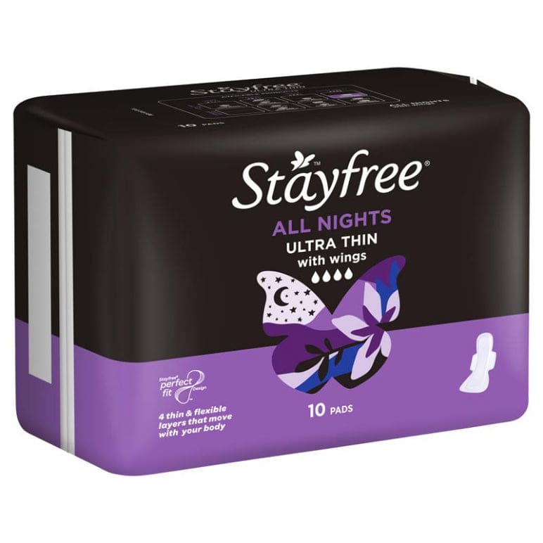 Stayfree Ultra Thin All Night Sanitary Pads With Wings 10 Pack front image on Livehealthy HK imported from Australia