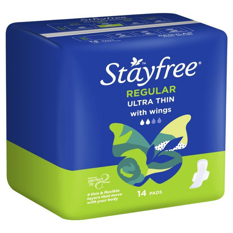 Stayfree Ultra Thin Regular Sanitary Pads With Wings 14 Pack front image on Livehealthy HK imported from Australia