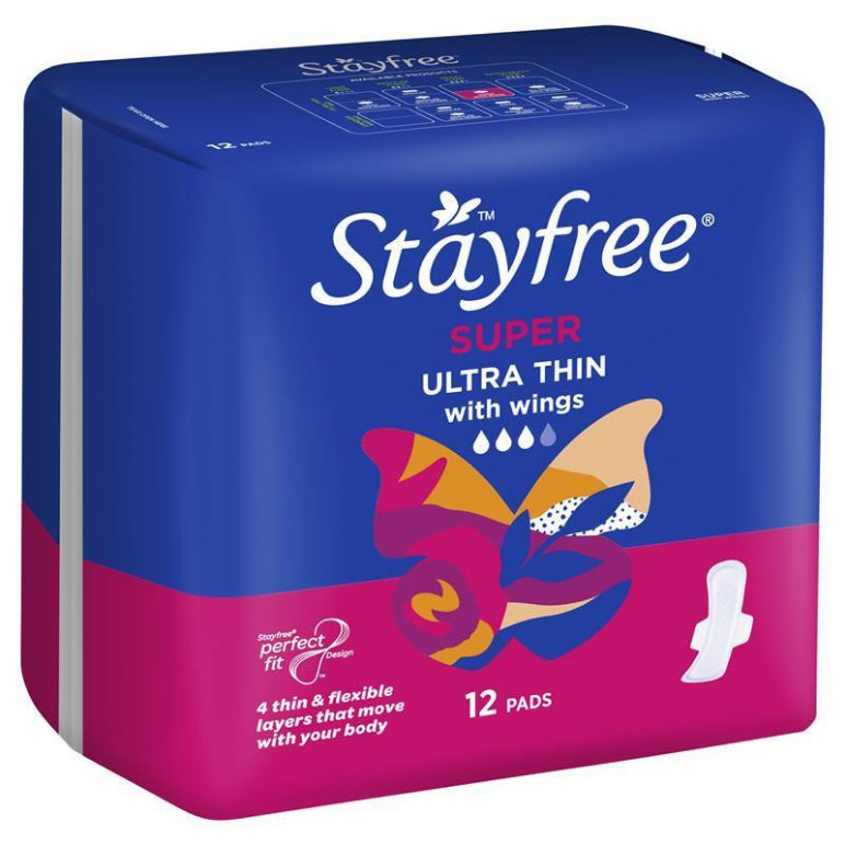 Stayfree Ultra Thin Super Sanitary Pads With Wings 12 Pack front image on Livehealthy HK imported from Australia