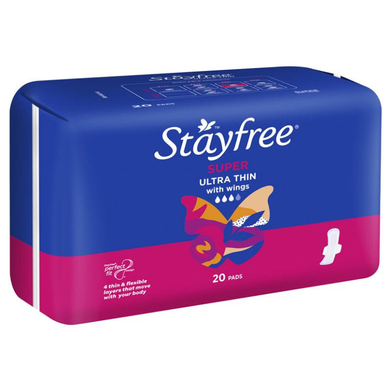 Stayfree Ultra Thin Super Sanitary Pads With Wings 20 Pack front image on Livehealthy HK imported from Australia