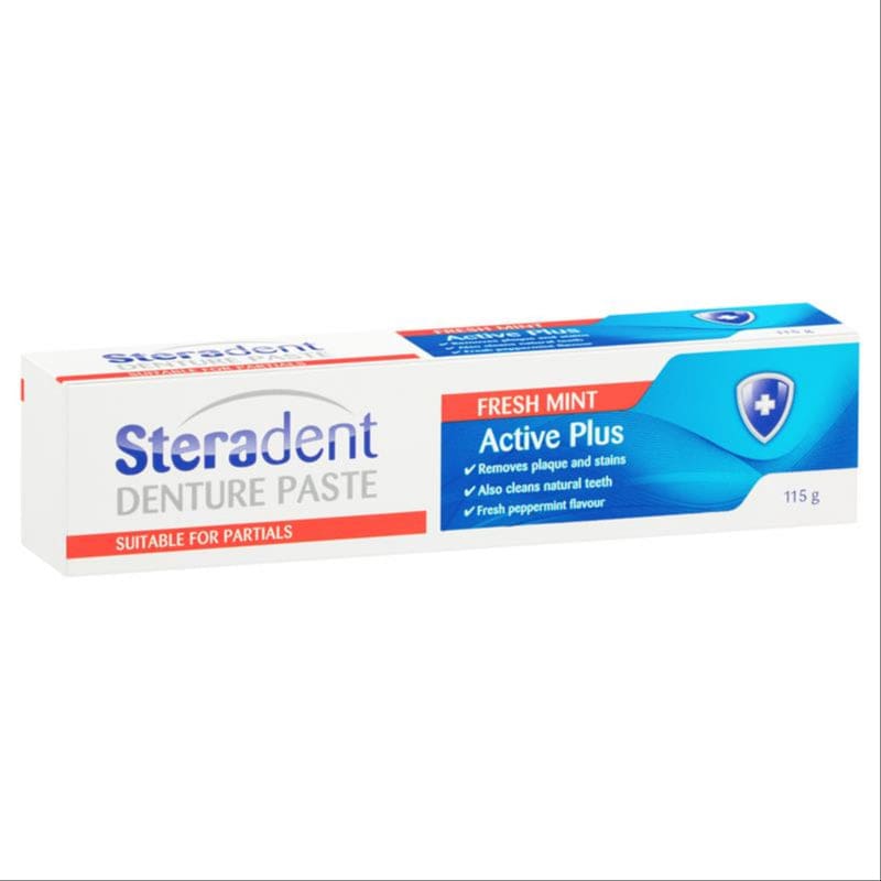 Steradent Active Plus Denture Care Cleansing Paste Fresh Mint 115g front image on Livehealthy HK imported from Australia
