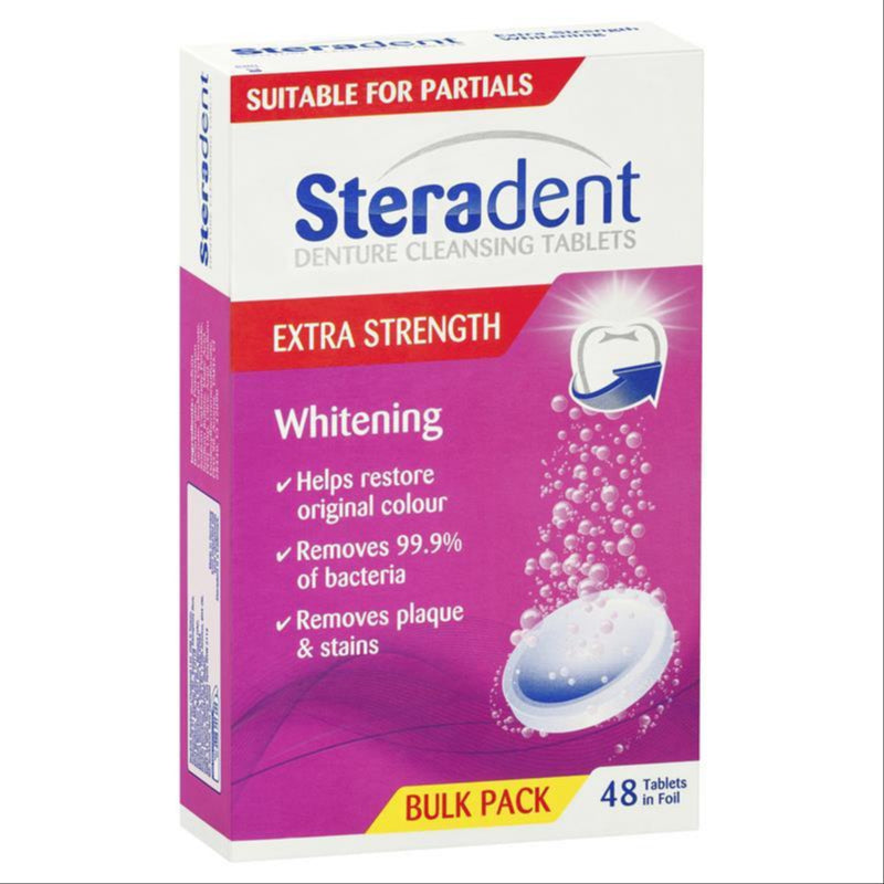 Steradent Extra Strength Denture Care Cleansing Tablets Whitening 48 pack front image on Livehealthy HK imported from Australia