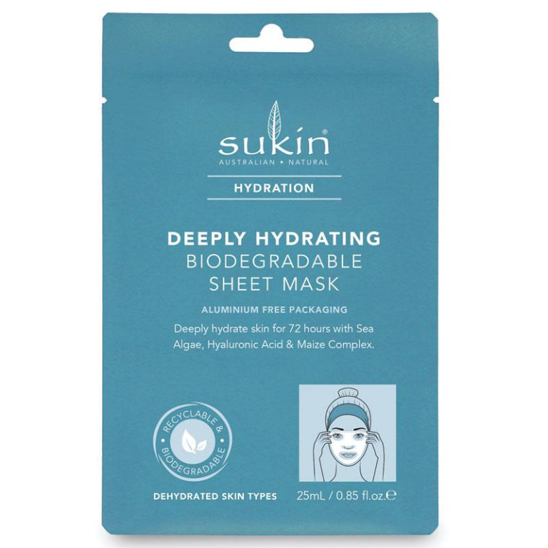 Sukin Hydration Deeply Hydrating Biodegradable Sheet Mask 25ml front image on Livehealthy HK imported from Australia