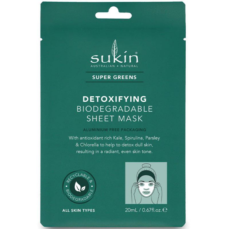 Sukin Super Greens Detoxifying Sheet Mask Sachet front image on Livehealthy HK imported from Australia