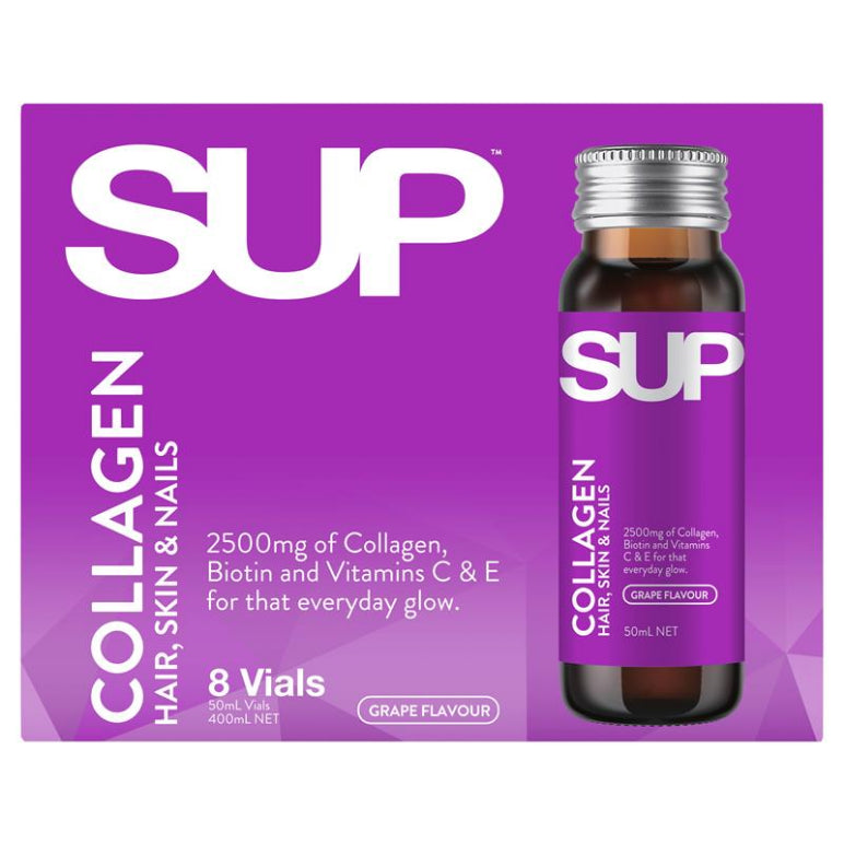 SUP Shots Collagen Hair Skin & Nails 8x50ml Vials front image on Livehealthy HK imported from Australia