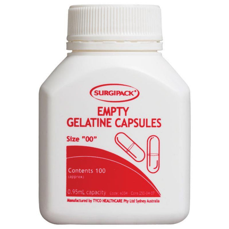 Surgipack Empty Gelatine Capsules Size '00' 100 pack front image on Livehealthy HK imported from Australia