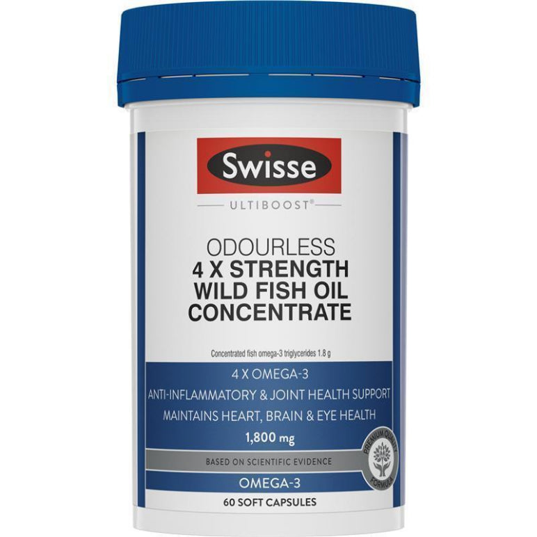 Swisse Ultiboost 4 x Strength Wild Fish Oil Concentrate 60 Capsules front image on Livehealthy HK imported from Australia