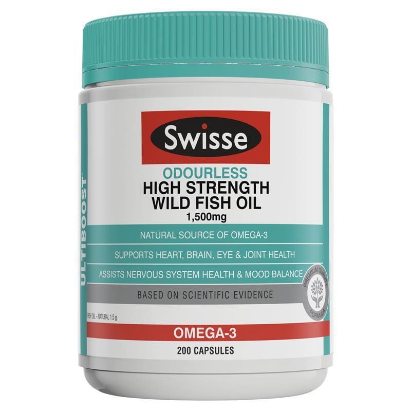 Swisse Ultiboost Odourless High Strength Wild Fish Oil 1500mg 200 Capsules front image on Livehealthy HK imported from Australia