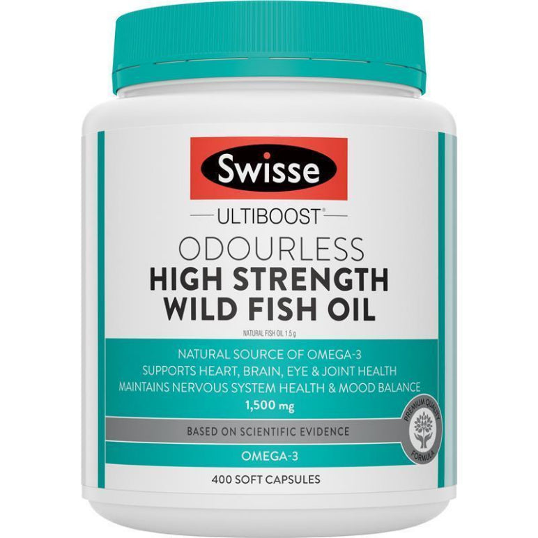 Swisse Ultiboost Odourless High Strength Wild Fish Oil 1500mg 400 Capsules front image on Livehealthy HK imported from Australia