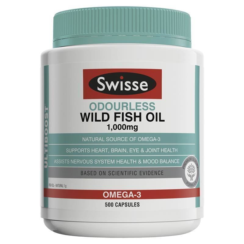 Swisse Ultiboost Odourless Wild Fish Oil 1000mg 500 Capsules front image on Livehealthy HK imported from Australia