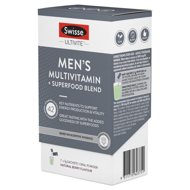 Swisse Ultivite Men's Multivitamin + Superfood Blend 7 pack front image on Livehealthy HK imported from Australia