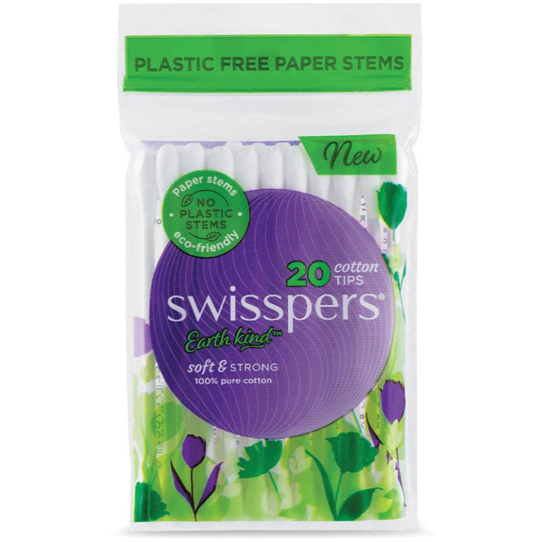 Swisspers Earth Kind Cotton Tips With Paper Stems 20 Pack front image on Livehealthy HK imported from Australia