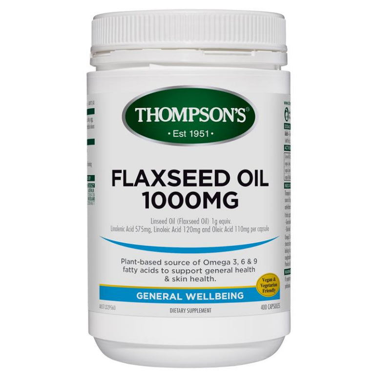 Thompson's Gel-Free Flaxseed Oil 1000mg 400 Capsules front image on Livehealthy HK imported from Australia