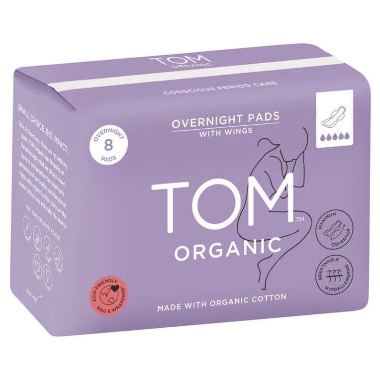 TOM Organic Overnight Pads 8 Pack front image on Livehealthy HK imported from Australia