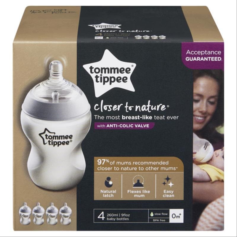 Tommee Tippee Closer to Nature Baby Bottles, Slow Flow Breast-Like Teat with Anti-Colic Valve, 260ml, Pack of 4, Clear front image on Livehealthy HK imported from Australia