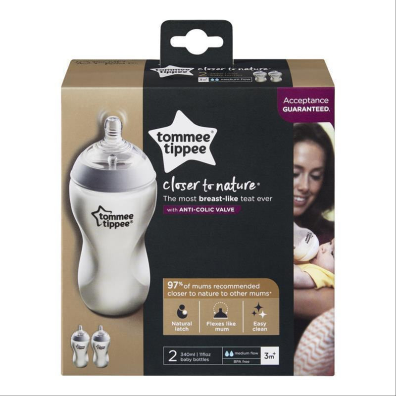 Tommee Tippee Closer to Nature Baby Bottles, Medium Flow Breast-Like Teat with Anti-Colic Valve, 340ml, Pack of 2, Clear, 0m+ front image on Livehealthy HK imported from Australia