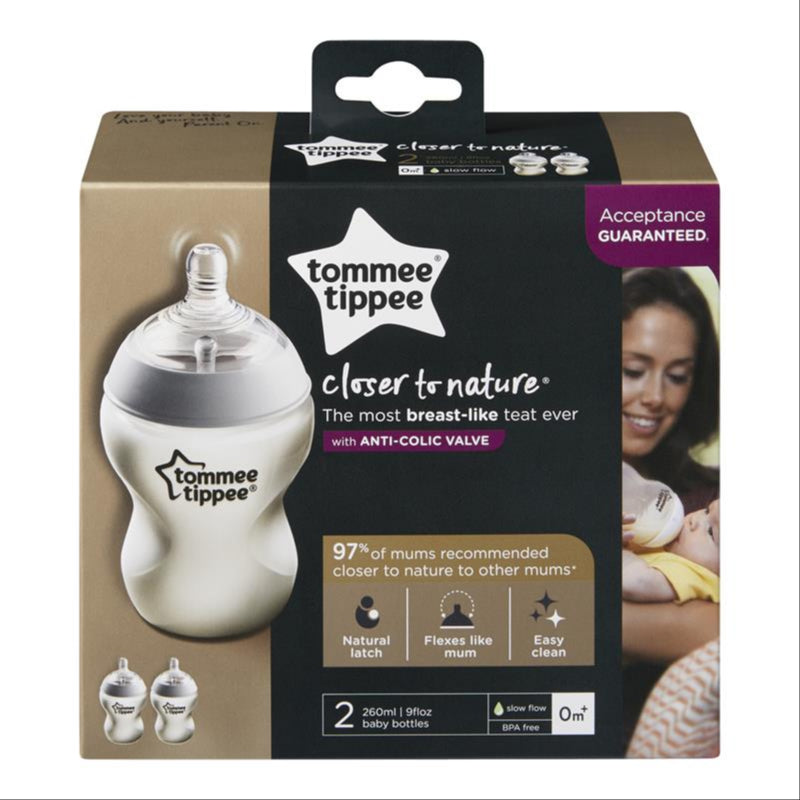 Tommee Tippee Closer to Nature Baby Bottles, Slow Flow Breast-Like Teat with Anti-Colic Valve, 260ml, Pack of 2, Clear front image on Livehealthy HK imported from Australia
