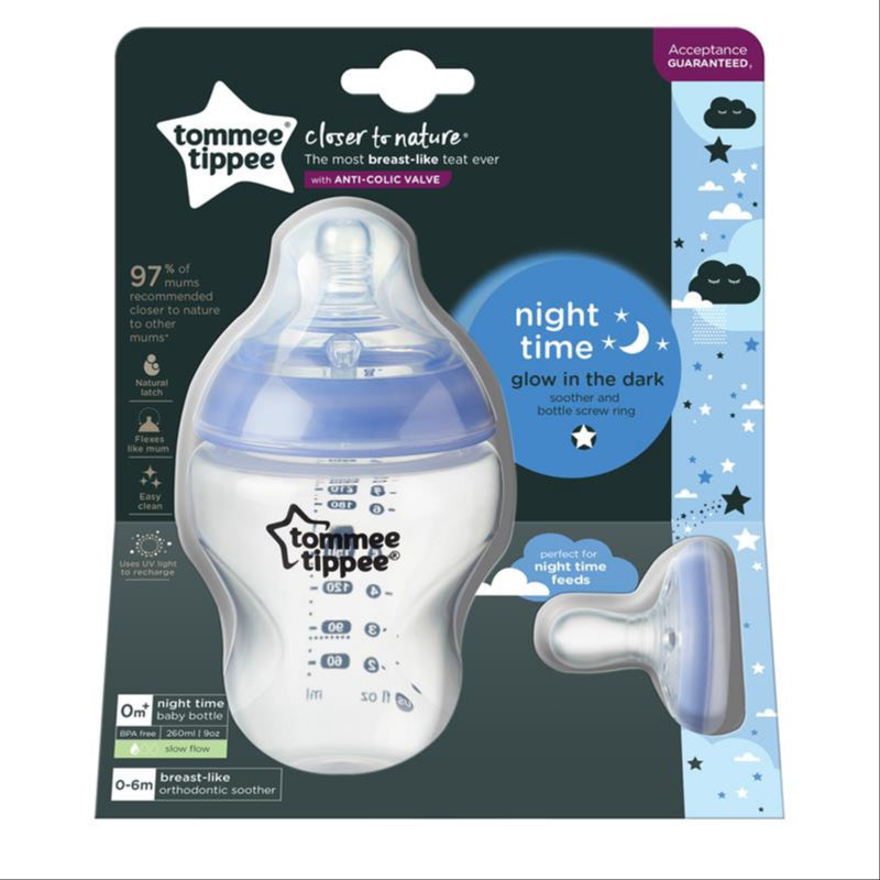 Tommee Tippee Closer to Nature Bottle 260ml with Glow Ring + Breast Like Soother Night 0-6m front image on Livehealthy HK imported from Australia