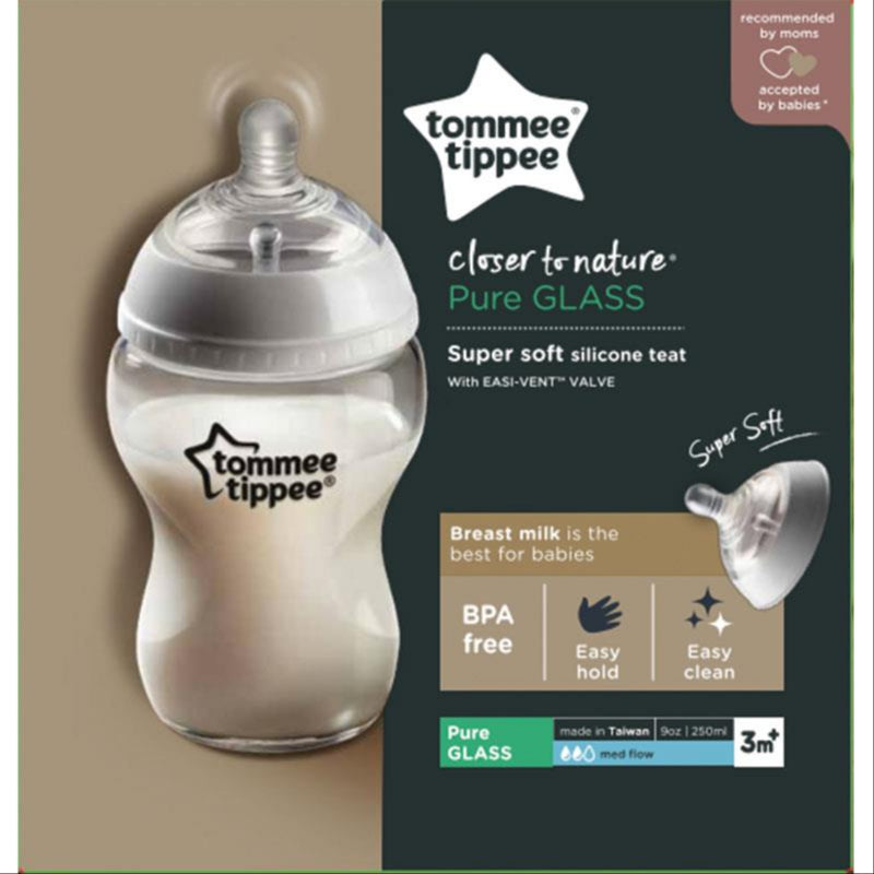Tommee Tippee Closer to Nature Glass Baby Bottles, Medium Flow Breast-Like Teat with Anti-Colic Valve, 250ml, Pack of 2, Clear front image on Livehealthy HK imported from Australia