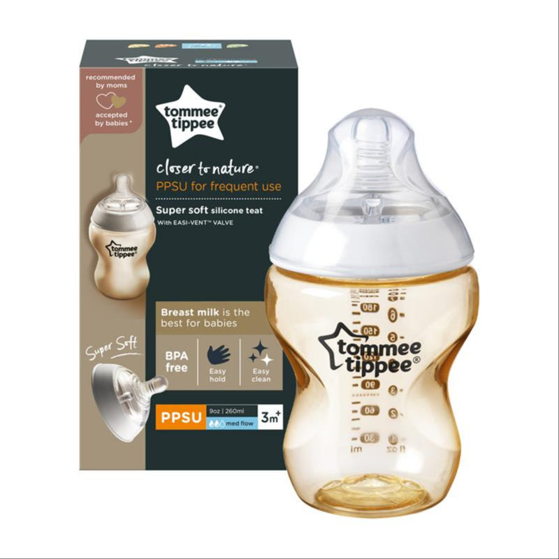 Tommee Tippee Closer to Nature PPSU Baby Bottle, Medium Flow Super Soft Breast-Like Teat with Anti-Colic Valve, BPA-Free, 260ml, Medium Flow Teat, Pack of 1 front image on Livehealthy HK imported from Australia
