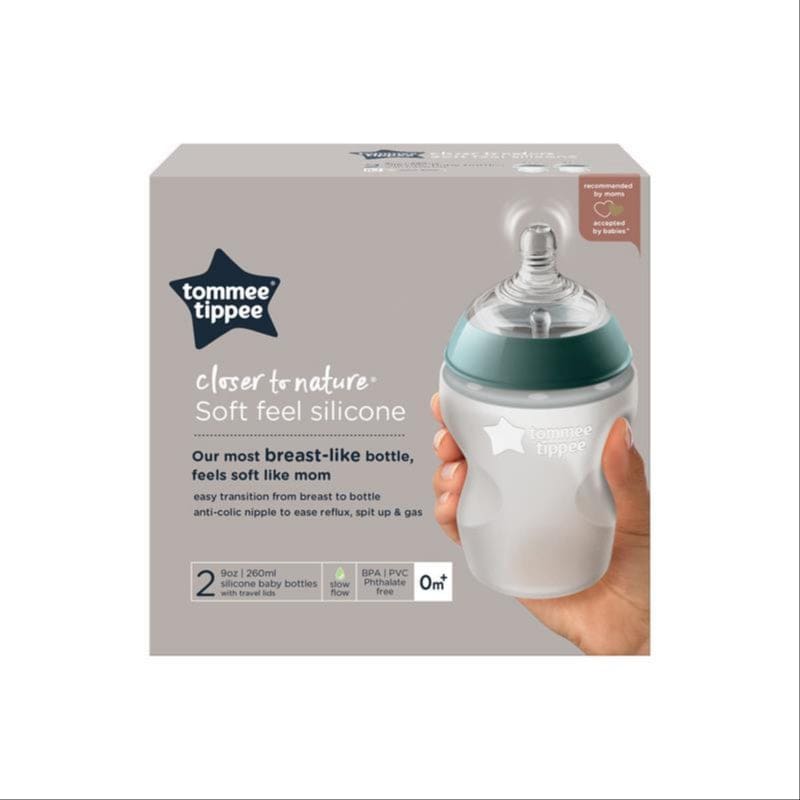 Tommee Tippee Closer to Nature Soft Feel Silicone Baby Bottles, Slow Flow Breast-Like Teat with Anti-Colic Valve, Stain and Odour Resistant, 260ml, Pack of 2 front image on Livehealthy HK imported from Australia