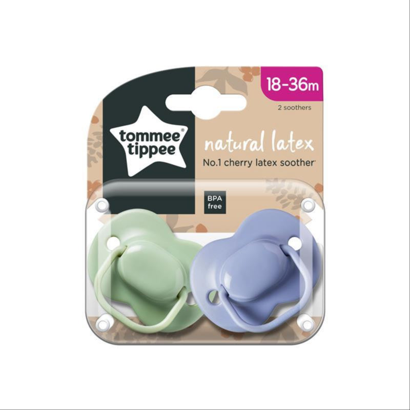 Tommee Tippee Natural Latex Cherry Soothers, Symmetrical Design, BPA-Free, 18-36m, Green and Blue, Pack of 2 Dummies front image on Livehealthy HK imported from Australia