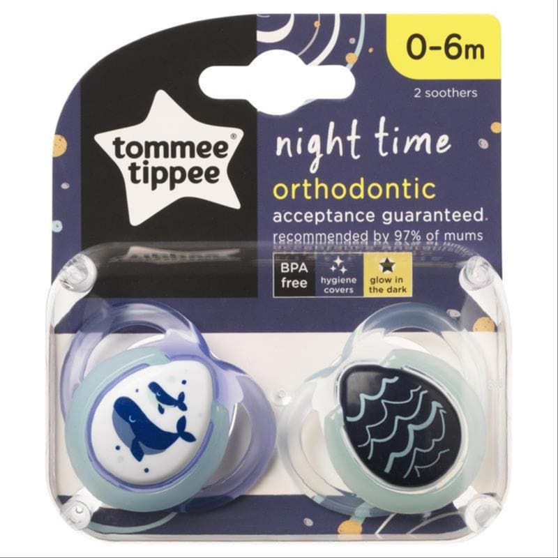 Tommee Tippee Night Time Soothers, Symmetrical Orthodontic Design, BPA-Free Silicone Baglet, Includes Steriliser Box, 0-6M, Pack of 2 Dummies front image on Livehealthy HK imported from Australia