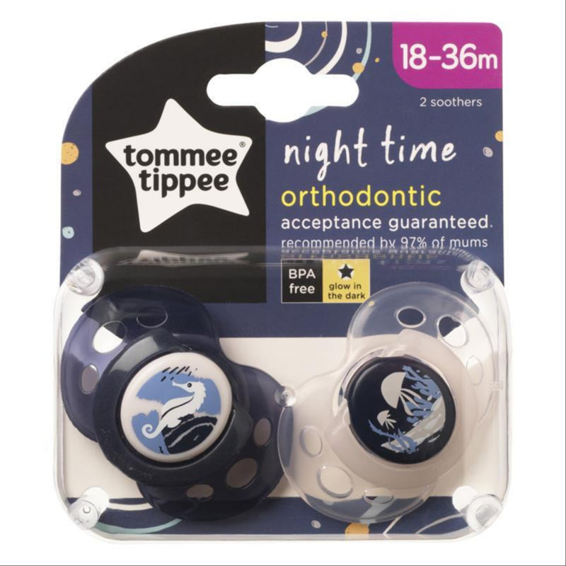 Tommee Tippee Night Time Soothers, Symmetrical Orthodontic Design, BPA-Free Silicone Baglet, Includes Steriliser Box, 18-36M, Pack of 2 Dummies front image on Livehealthy HK imported from Australia