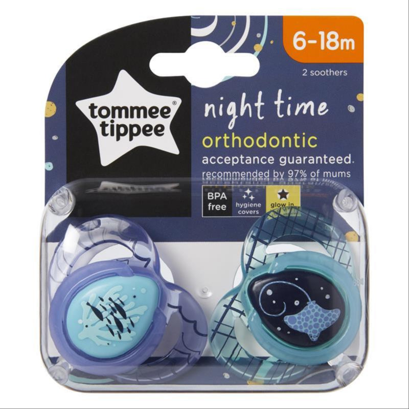 Tommee Tippee Night Time Soothers, Symmetrical Orthodontic Design, BPA-Free Silicone Baglet, Includes Steriliser Box, 6-18M, Pack of 2 Dummies front image on Livehealthy HK imported from Australia