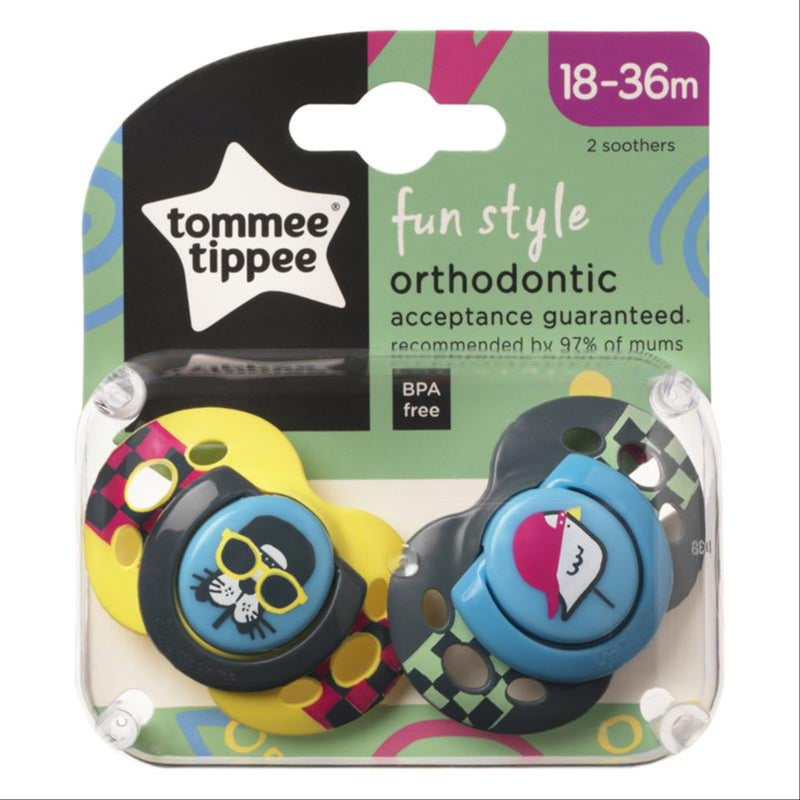 Tommee Tippee Fun Style Soothers, Symmetrical Orthodontic Design, BPA-Free Silicone Baglet, Includes Steriliser Box, 18-36M, Pack of 2 Dummies front image on Livehealthy HK imported from Australia