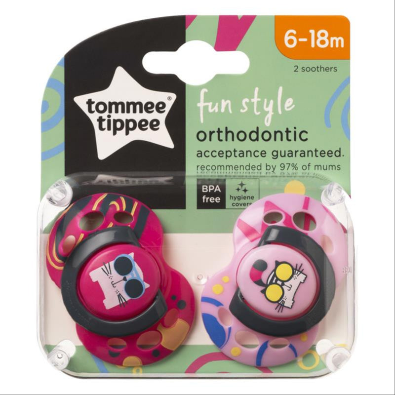 Tommee Tippee Fun Style Soothers, Symmetrical Orthodontic Design, BPA-Free Silicone Baglet, Includes Steriliser Box, 6-18M, Pack of 2 Dummies front image on Livehealthy HK imported from Australia