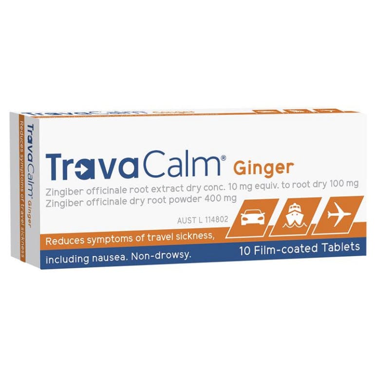 Travacalm Travel Sickness Ginger Tablets 10 front image on Livehealthy HK imported from Australia