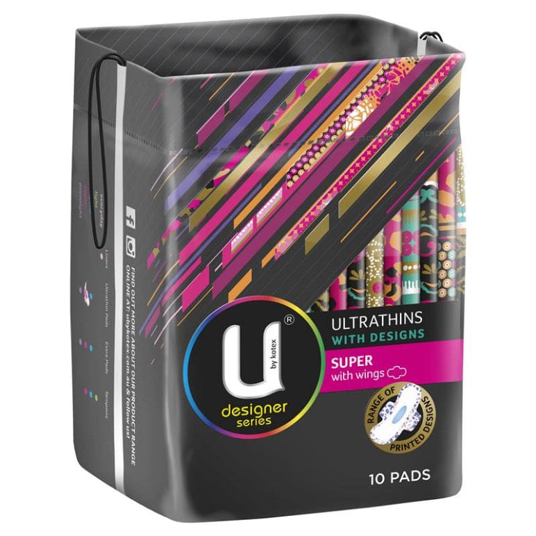 U By Kotex Designer Series Ultrathins Pads Super Wing 10 Pack front image on Livehealthy HK imported from Australia