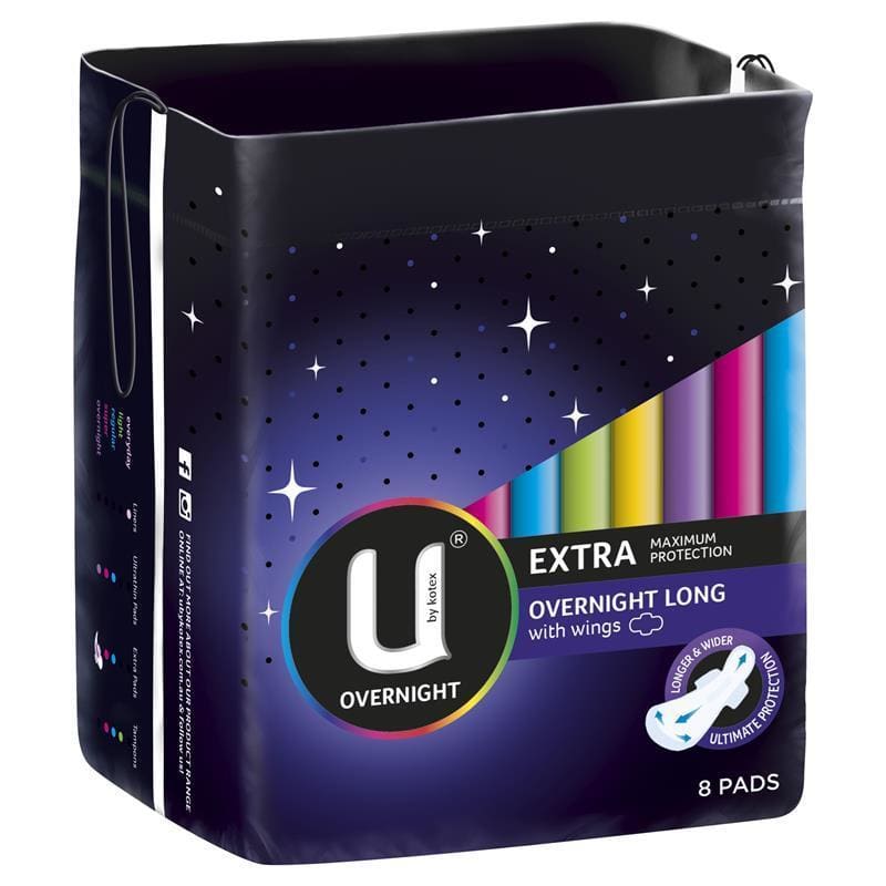 U by Kotex Maxi Pad Overnight Long Wing 8 Pack front image on Livehealthy HK imported from Australia