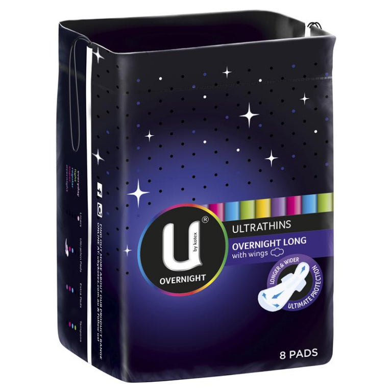U by Kotex Ultra Thin Overnight Long Wing 8 Pack front image on Livehealthy HK imported from Australia