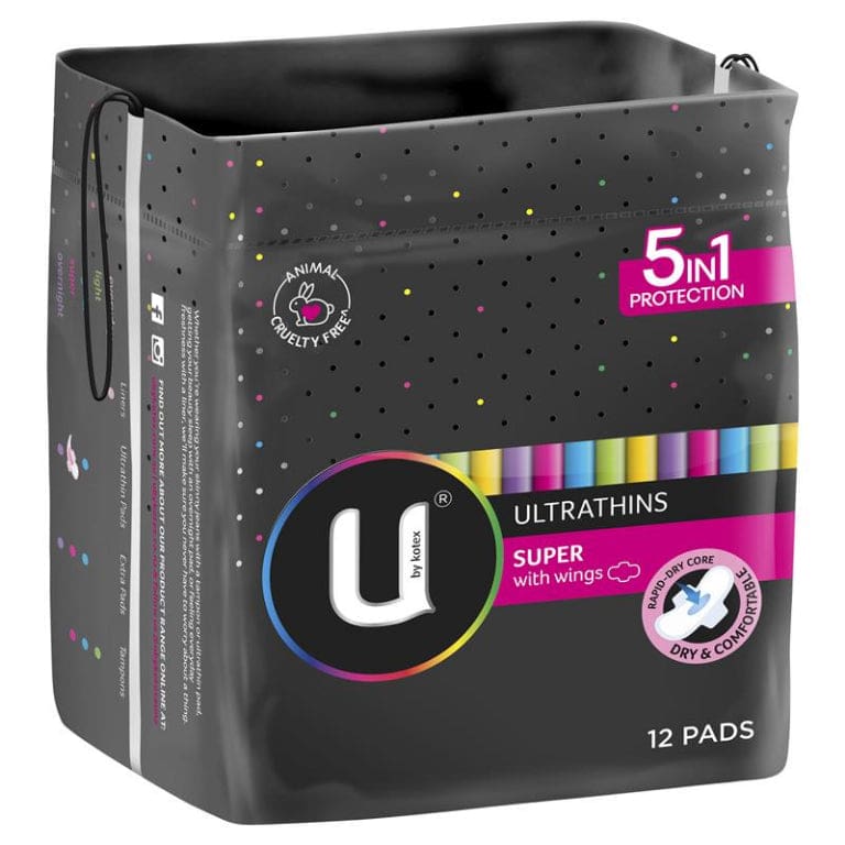 U By Kotex Ultrathins Pads Wing Super 12 Pack front image on Livehealthy HK imported from Australia
