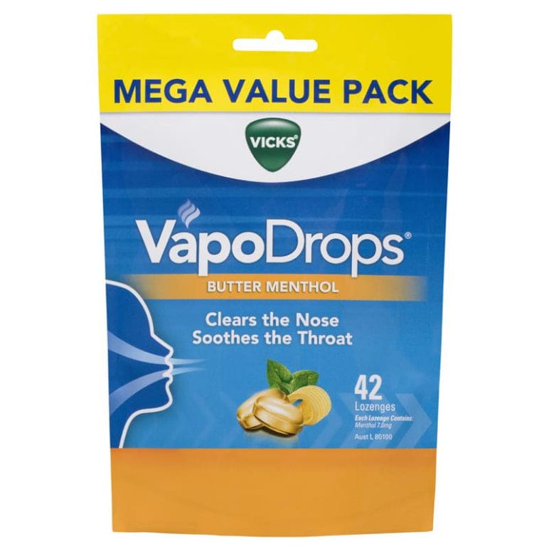 Vicks VapoDrops Butter Menthol 42 Lozenges front image on Livehealthy HK imported from Australia