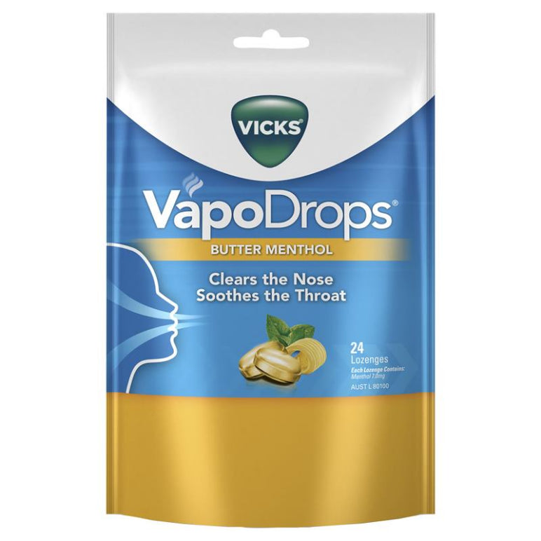 Vicks VapoDrops Butter Menthol Lozenges 24 Pack front image on Livehealthy HK imported from Australia