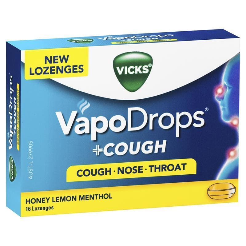 Vicks VapoDrops + Cough Honey Lemon Menthol 16 Lozenges front image on Livehealthy HK imported from Australia