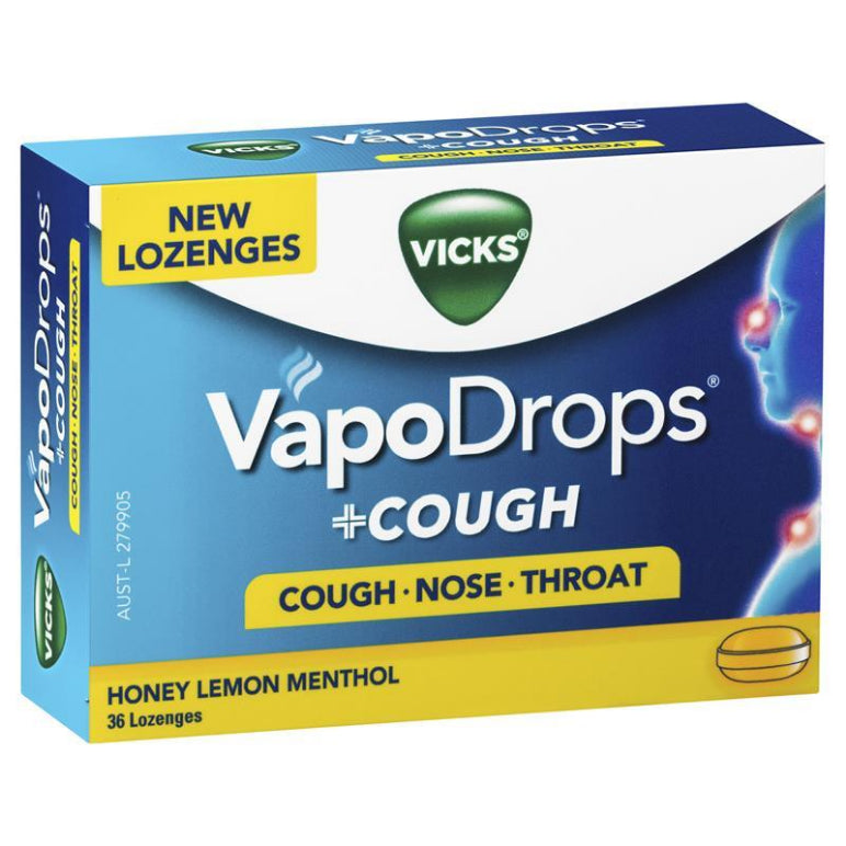 Vicks VapoDrops + Cough Honey Lemon Menthol 36 Lozenges front image on Livehealthy HK imported from Australia